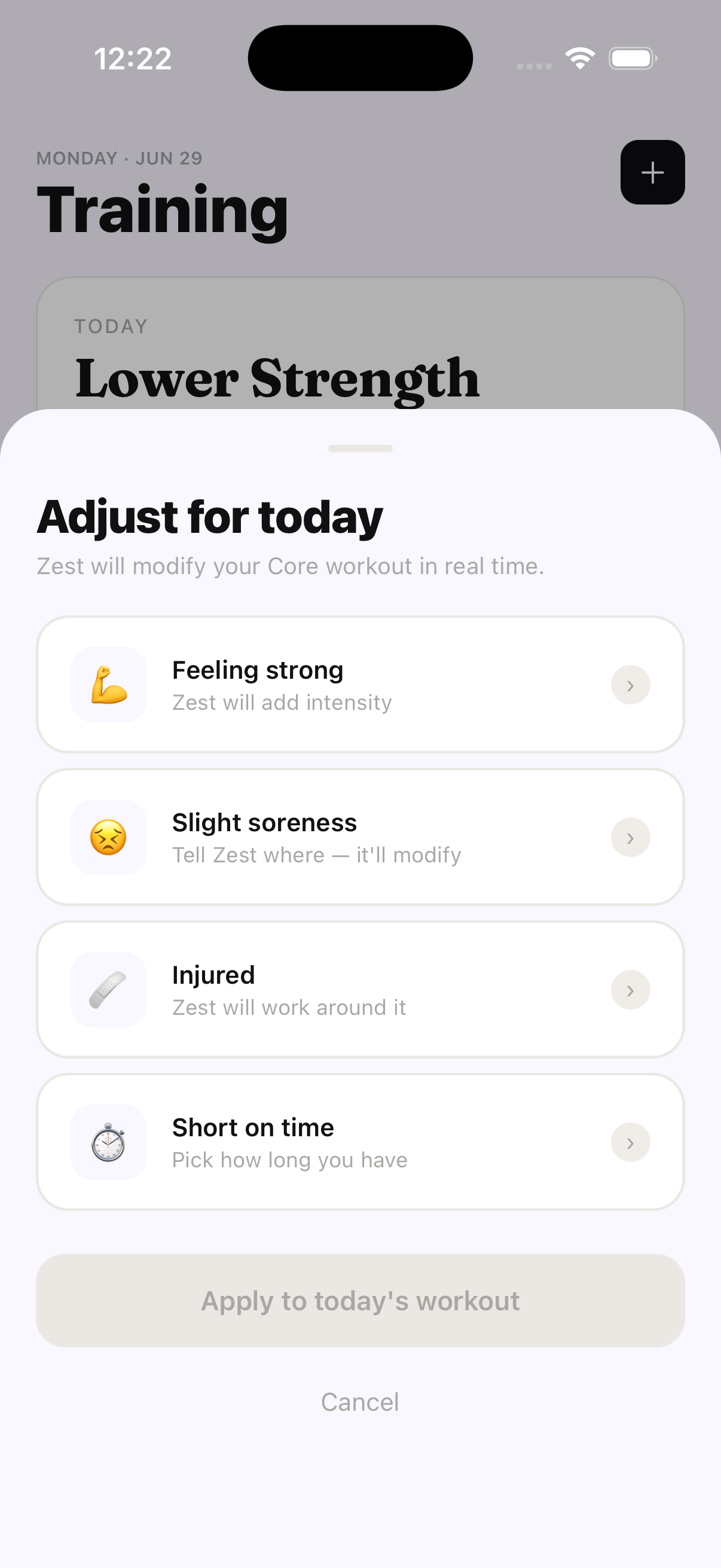 ZestyCoach Adjust for today screen